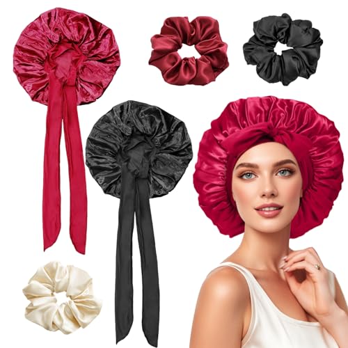 2 Piezas Gorro de Seda para Dormir 42 cm Gorro Seda Dormir Negro y Rojo Gorro Saten Pelo Rizado Ajustable Silk Bonnet 3 Scrunchies para Dormir Cara Lavado Maquillaje SPA Mascarilla Cuidado del Cabello