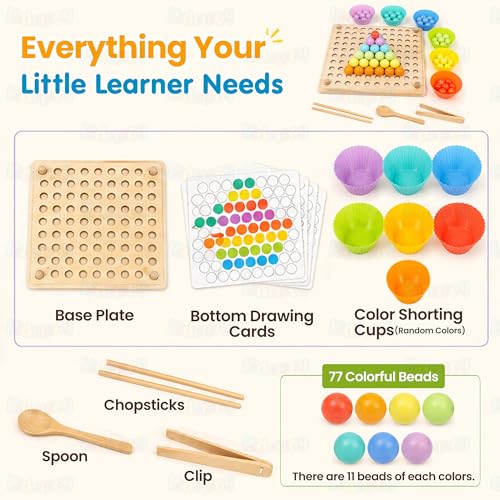 Image of Kidology Wooden Color Sorting Bead Toy | Color Matching, Sorting, and Counting Board Puzzle with 77 Colorful Beads, Cups, and Pattern Cards Toy for Babies and Toddlers