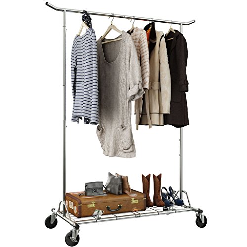 LANGRIA Heavy Duty Rolling Commercial Single Rail Clothing Garment Rack with Wheels Height Adjustable Collapsible Clothes Rack Max Load Capacity 143.5 lbs. for Bedroom Dressing Room Store (Chrome)