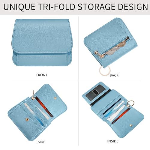 Image of Women Small Wallet RFID Blocking Slim Wallet with Coin Pocket Tri-Fold Credit Card Holder with ID Window and Keychain (Blue)