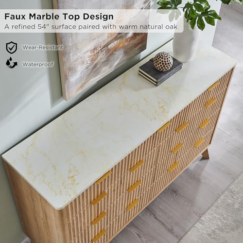 Image of T4TREAM 54 inch Wide Fluted 9 Drawer Dresser for Bedroom, Natural Oak | Mid Century Modern, Faux Marble Top, Curved Profile, Metal Handles, Anti-tip Kit, Smooth Slides, for Living Room, Hallway