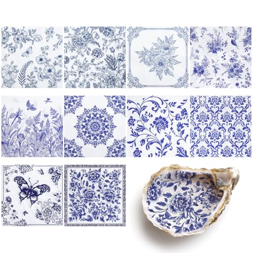 NatNarr 30 Pack Decoupage Napkins 10 Styles Blue and White Floral Paper Napkins Chinoiserie Decorative Decoupage Napkin Printed Cocktail Paper for DIY Crafting Birthday Party Baby Shower