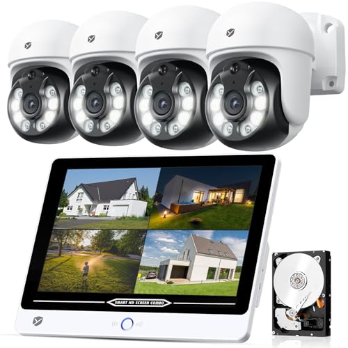 YESKAMOO【4K 360°全方位自動追跡】屋外防犯カメラ4台セットPOE 800万画素 12インチ一体型モニター付き AI検知 カラー暗視