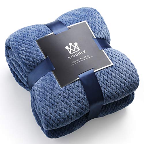 Kingole Flannel Fleece Luxury Throw Blanket, Sapphire Blue Twin Size Jacquard Weave Pattern