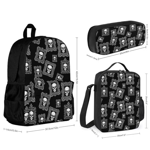 AMRANDOM Backpack for Women Men 3Pcs Backpack with Lunch Box Black Skull Vintage Bookbag2