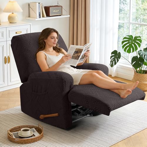 Image of Ruaozz Recliner Sofa Covers Oversized Recliner Chair Covers Recliner Covers for Reclining Chair with Pockets Washable Furniture Protector with Elastic Bottom (1 Seater-X Large, Chocolate)