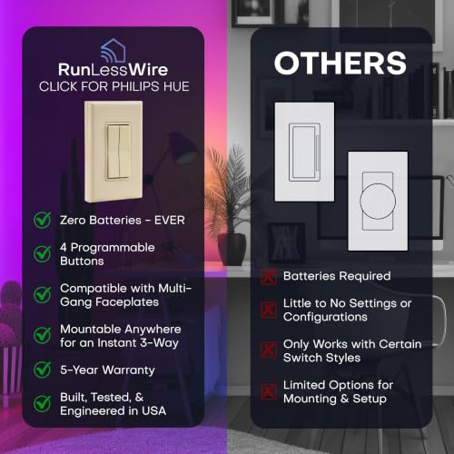 Image of RunLessWire Click for Hue Battery-Free Wireless Switch 3 Pack Light Almond | Dimmable Kinetic Switch Pairs Natively to Philips Hue Bridge, 4 Programmable Buttons to Control Scenes & Areas, 100ft Range
