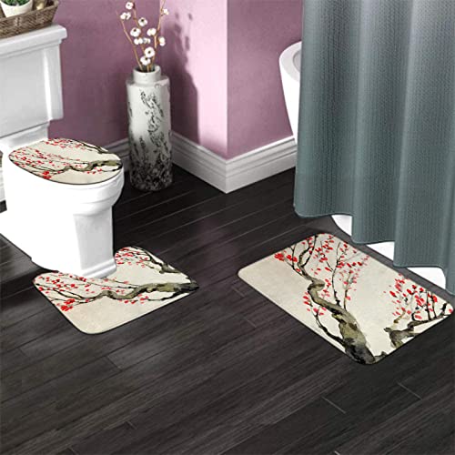 Badezimmerteppich-Set, 3-teilig, Die Leuchtend roten Blumen auf den Ästen eines Alten Baums, waschbarer Badeteppich, rutschfest, mit Rückenpolster, Konturteppich und Toilettendeckelbezug – Bild 4