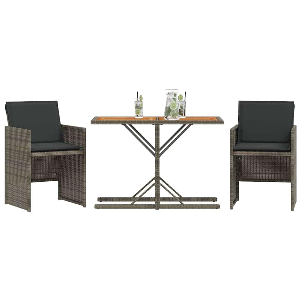 Set da 3 pezzi da bistrot con cuscino grigio, polyrattan, tavolo in legno di acacia, sedie pieghevoli per giardino, balcone, terrazza, resistente ai raggi UV