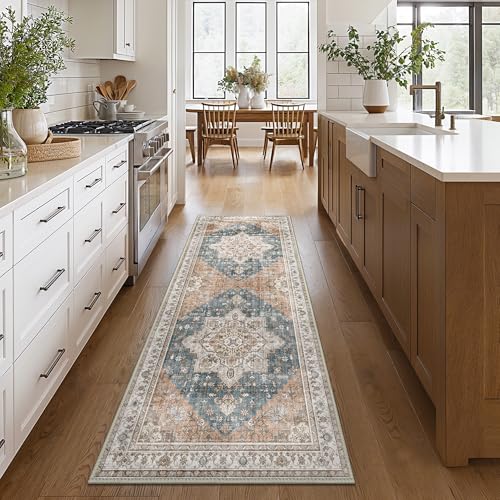 GENIMO 2x12 Runner Rugs for Hallway, Machine Washable Non Slip Vintage Rugs, Low Pile Lightweight Soft Print Rug for enrtyway, Corridor, Home Office, Kitchen, Blue Brown