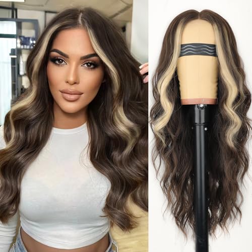 Image of AISI HAIR Dark Brown Mixed Light Blonde Wig for Women, Long Wavy Lace Hairline Middle Part Synthetic Heat Resistant Wig for Daily Party-26 Inch