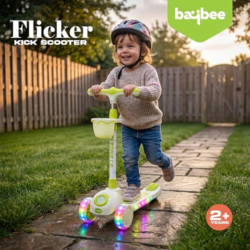 Image of Baybee Astro Baby Kick Scooter for Kids | Foldable 3 Wheel Kid Scooter with 4 Height Adjustable, RGB Lights & Music | Skate Scooters with Foot Brake | Runner Scooters for Kids 2 to 10 Years (Green)