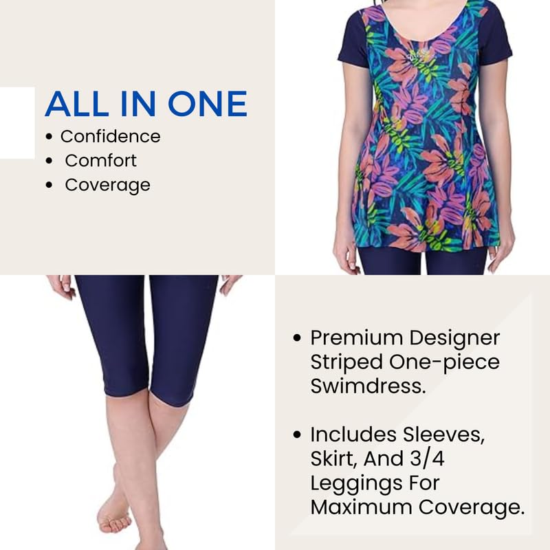Image of Originals Swimming Costume for Women's One-Piece Beach Wear with Sleeve & Skirted 3 /4 Leggings Maximum Covered Swim Wear Dress (L - 7XL)