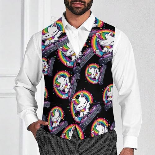 Rainbow DJ Cat Kitty Men's Suit Vests Business Formal Dress V-Neck Waistcoat Tops with 2 Pockets2
