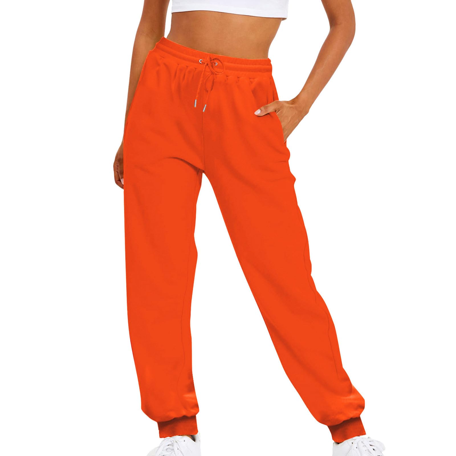 Sweatpants Women's Cinch Bottom Joggers High Waisted Athletic Running Pants Pockets Workout Gym Fitness Sportswear Orange