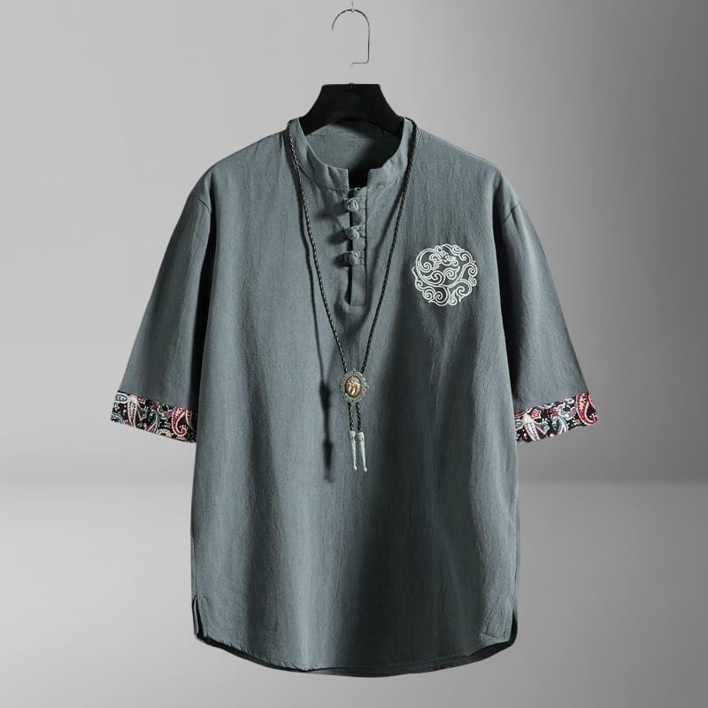 Camisa transpirable de lino contra el calor con cuello alto tradicional 3