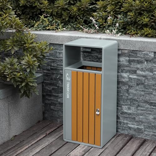 Image of Outdoor Trash Can with Lid, 51L /13.5 Gal-Lockable Commercial Trash Can with Nature Stone Panels, Heavy-Duty Rustproof Metal Garbage Can with Removable Liner for Parks & Public Spaces (White, ash)