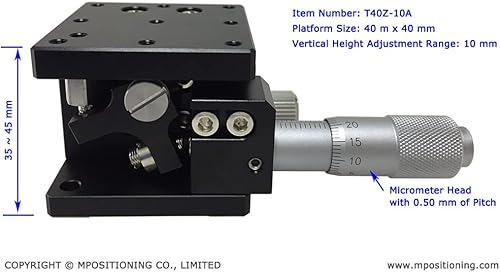 Miniatura 3 de Etapa vertical, MPositioning T40Z-10A - Etapa mínima de traducción del eje Z, rango de 0.394 in en ajuste de altura, plataforma de 1.575 x 1.575 in