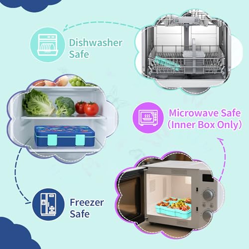 Image of Bento Lunch Box for Kids, Leak-Proof 5-Compartment Cute Lunchbox for Boys Girls, Drop-Proof, Food Container Microwave & Dishwasher Safe, Back to School Supplies for Ages 3 to 7, Blue /Dinosaur