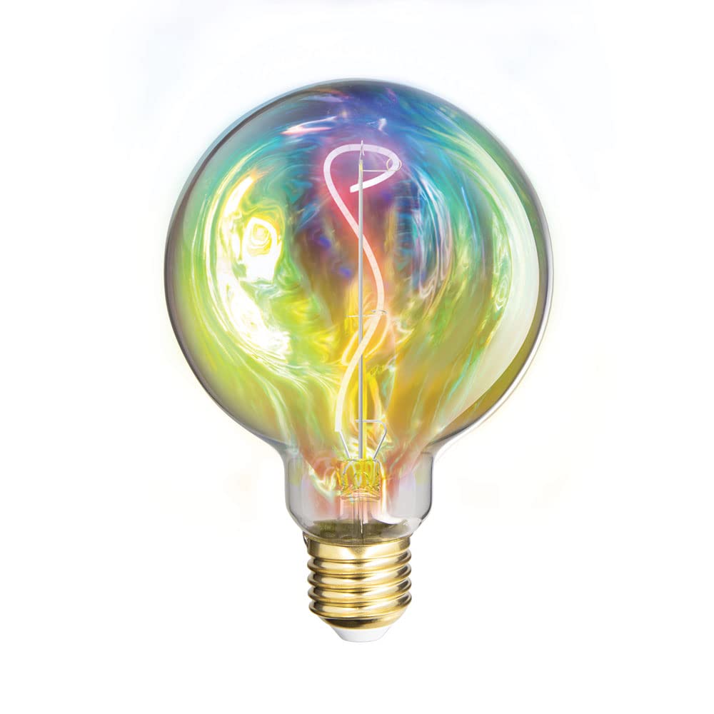 Xanlite G95 Unicorn LED Filament Bulb illuminated in a black table lamp, mostrarasing its warm, multicolor light.