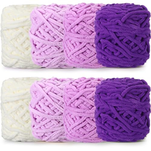 Image of Buryeah 8 Pack Chunky Chenille Yarn for Crocheting Soft Thick Fluffy Yarn for Hand Knitting Bulky Velvet Blanket Plush for Weaving DIY Crafts Each 3.5 oz 55 Yards (Purple Series)
