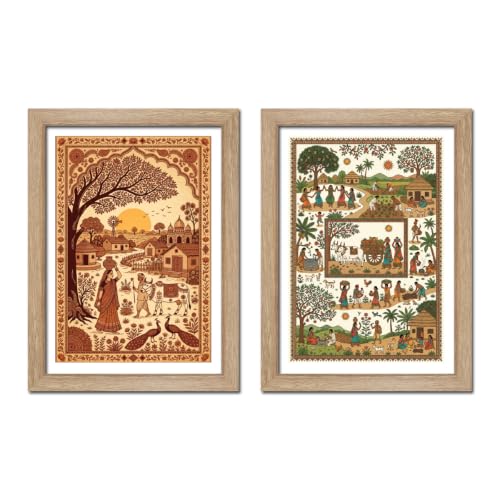 Image of TenorArts Traditional Tribal Folk Art Photo Frame Set of 2 , Indian Rural Arts Decor Wall Hanging Painting For Bedroom Living Room Cafe and Home decor / Minimal Drawing Framed Posters for Decoration (9x12 inches) [T2P-08T]