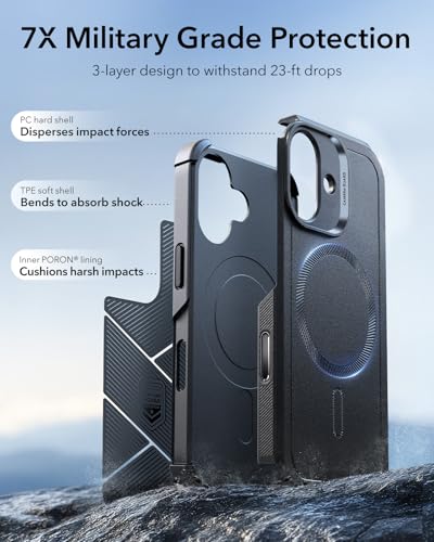 Image of ESR for iPhone 17 Phone Case, 23ft Military-Grade Drop Protection, Shock-Absorbing Rugged Cover, MagSafe Accessories Compatible, Cyber Series, Black