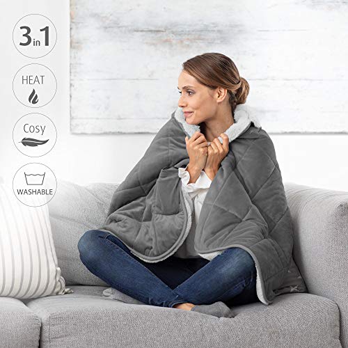 medisana HB 674 3in1 Kuschelheizdecke für Unterwegs mit Powerbank, Poncho, Überwurf, variable Einsatzmöglichkeiten, waschbar, Abschaltautomatik, Überhitzungsschutz, Grau