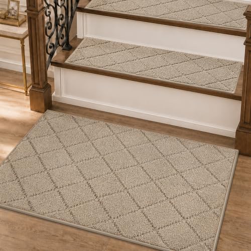 Image of COSY HOMEER Stair Landing Rug Non-Slip 20 inchx32 inch Stair Treads for Wooden Steps,Washable Peel and Stick Stair Treads Matching Mats,Pet Friendly Soft Reusable Stair Landing Mat for Kids and Elders,Beige