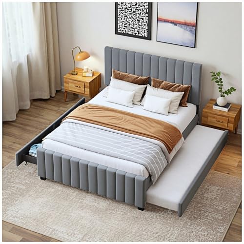 Wyibwy Cama tapizada de 140 x 190 cm con cama nido, dos cajones, cama de matrimonio plana, terciopelo, apta para niños, adolescentes y adultos (colchón no incluido) (Gris)