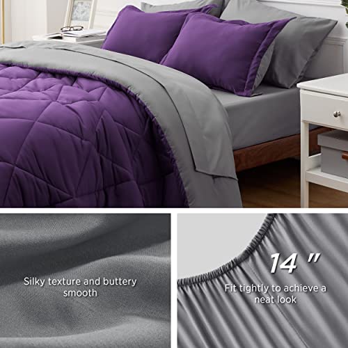 Image of Bedsure Twin XL Comforter - 5 Pieces Reversible Purple Bed in a Bag, Twin XL Bedding Comforter Set College Dorm Essentials for Guys with 1 Flat Sheet, 1 Fitted Sheet, 1 Pillowcase and 1 Pillow Sham