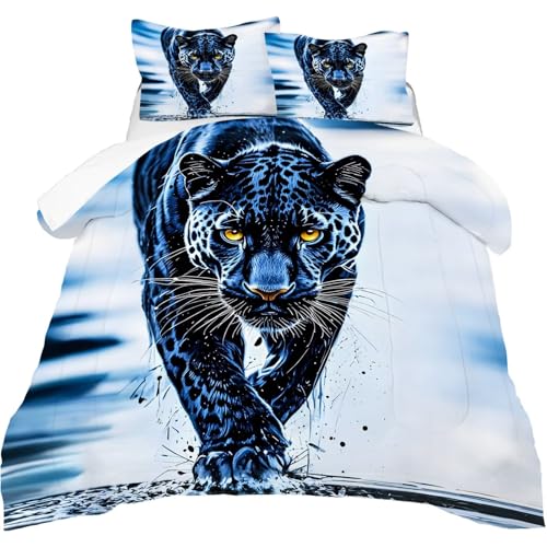 Image of Blue Leopard Comforter Set Full Size 3D Cheetah Bedding Sets for Boys Kids Adults Bedroom Decor Wildlife Animal Quilt 1 Comforter 2 Pillowcases