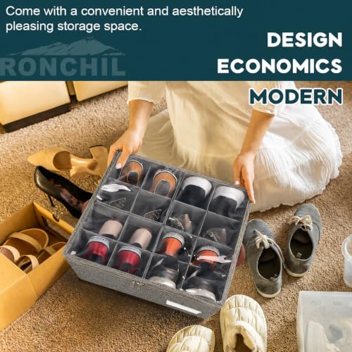 Image of 2 Pack Shoe Organizer for Closet Foldable Storage Box with Clear Cover | Fits 16-32 Pairs Boots and Heels Sneaker Sandals Stackable with Adjustable Divider Space Saving Dorm Grey