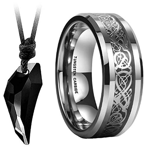 Yellow Chimes Wolf Tooth Crystal Adjustable Black Leather Rope Pendant for Men and Women and Yellow Chimes Dragon Celtic Inlay Polish Finish Titanium Steel Ring for Men & Boys (Silver Base)