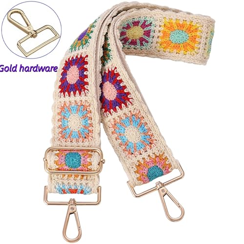 Image of Wide Purse straps Crochet Flower replacement crossbody for Handbag Adjustable Embroidery Knit Guitar Shoulder strap