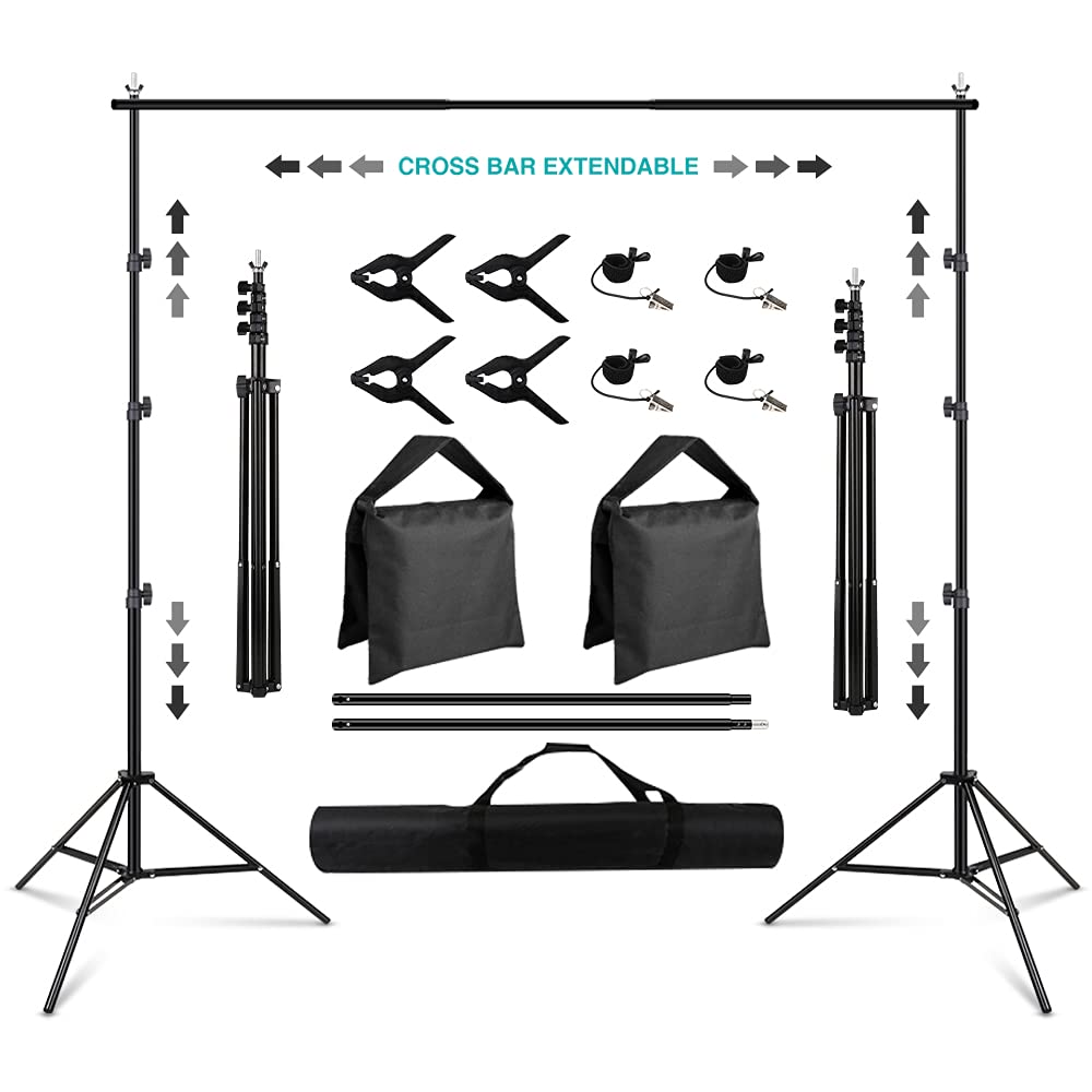 Soporte de telón de fondo ajustable de 8.5 x 10 pies, kit de sistema de soporte de fondo de fotografía para pantalla de estudio fotográfico y video con bolsa de transporte, abrazaderas de