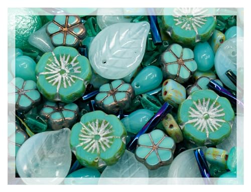 2.1oz (60 g) Mix of Unique Czech Bohemia Glass Pressed Beads, Rocailles, Opaque Turquoise Green...