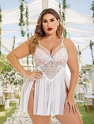 Image of Plus Size Lingerie Lace Babydoll Womens Strap Chemise Nightgown V Neck Nighty Mesh Sleepwear Side Slit Nightdress with G-Sting Panty
