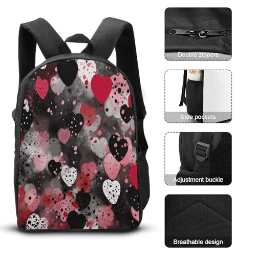 Black Polka Dot Heart 3pcs Lightweight Travel Backpack Printed Backpack With Lunch Pack Storage Box Case3