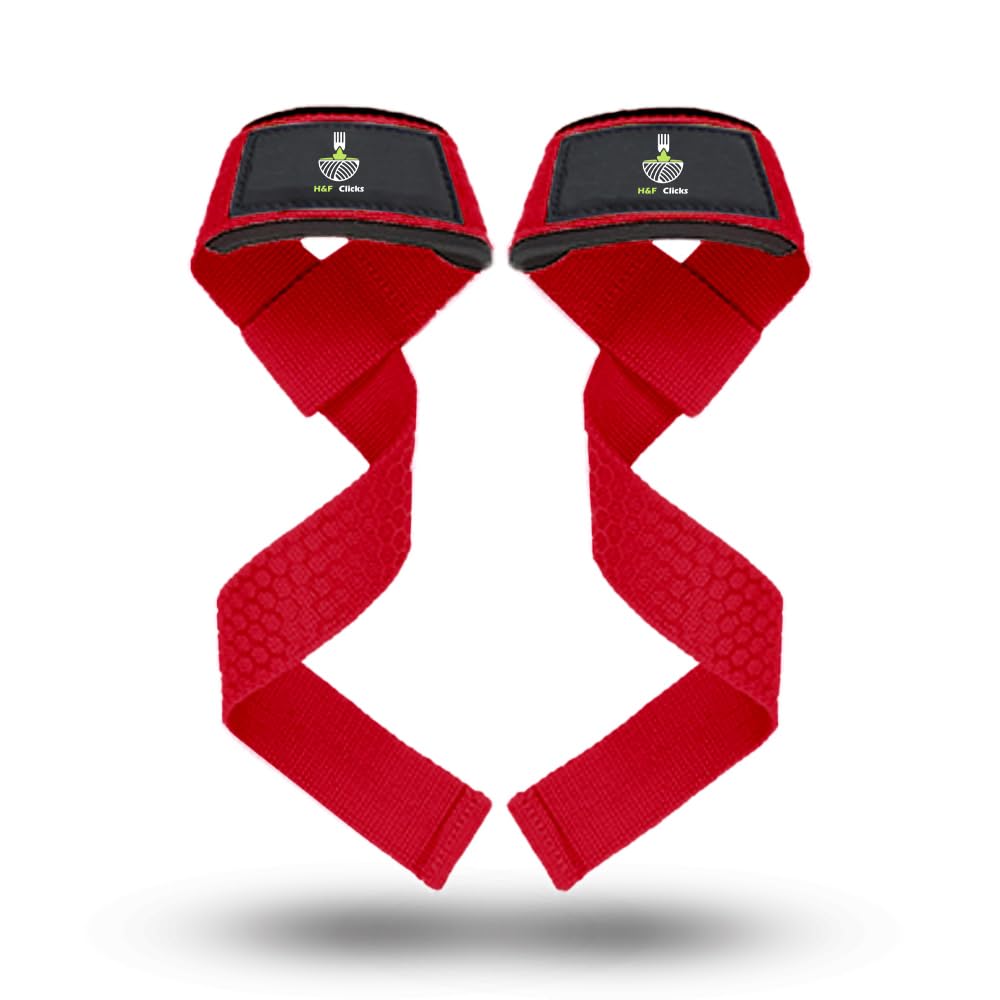 H&F Clicks Premium Lifting Straps, Deadlift Straps Gym, Neoprene Padded Heavy Duty Wrist Straps for Weightlifting, Deadlifting, Exercise, Workout & Strength Training - Gym Accessories For Women & Men. (Red)