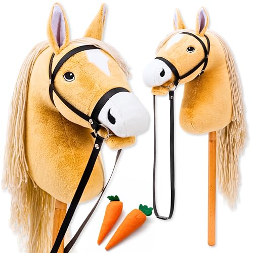 Hoofly® Hobby Horse Pferde – Großes Steckenpferd für Kinder A3 mit Trense & 40 cm Schraubstab | Realistisches & weiches Stockpferd Beige (Haflinger) | Hobby Horsing Pferd in 4 liebevollen Farben