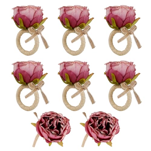 Handcraft Purple Flower Napkin Rings Set of 8, Peony Napkin Holder Floral Rings With Jute Bow Buckles for Summer, Wedding, Banquet, Birthday, Christmas, Valentine's, Thanksgiving Table Decoration