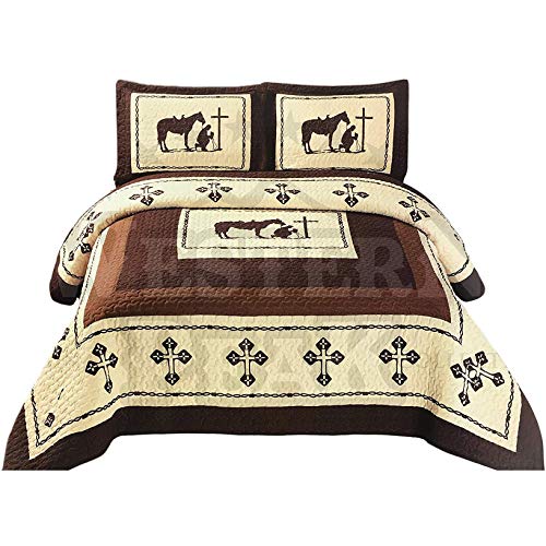 Western Peak 3 Pc Luxury Western Texas Cross Praying Cowboy Horse Cabin Lodge Barbed Wire Luxury Quilt Bedspread Oversize Comforter (Oversize King, Beige Brown)