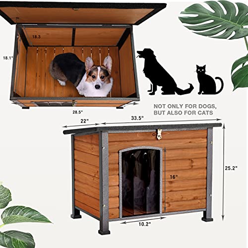 Dog House Outdoor Insulated Dog House For Small Medium Dogs, Natural Wood With Iron Frame, Waterproof Roof Raised Feet #TOP4