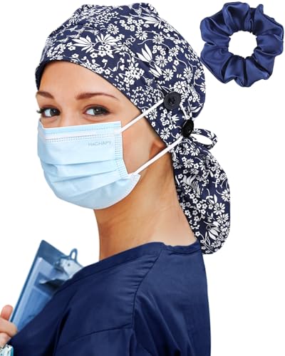 Image of Satin Lined Scrub Cap for Women Extra Large Long Hair Surgical Nurse Cap 4 Buttons