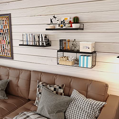 Floating Shelves Wall Mounted With Storage Basket And Protective Guards,Bathroom Shelves Over Toilet,Rustic Wood Shelves For Bedroom,Living Room,Kitchen,Wall Decor,Plants,Books-Black #TOP5