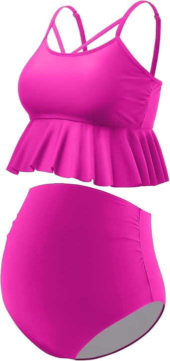 GINKANA Maternity Bikini Two Piece Swimsuits Ruffle High Waisted Maternity Bathing Suit Summer Pregnancy Swimwear