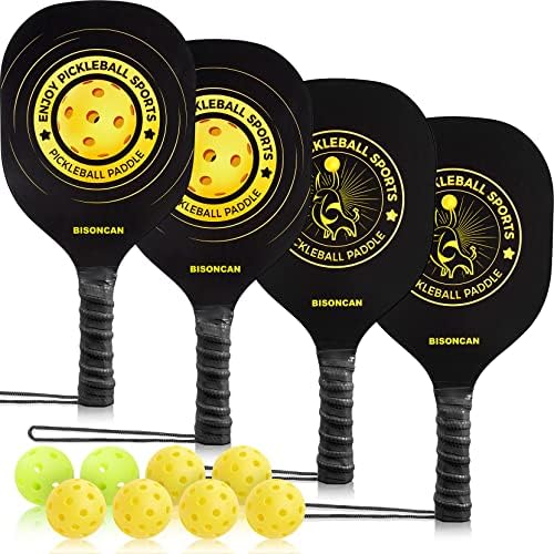 BISONCAN Pickleball Paddles - Pickleball Set of 4 Wood Paddles, 8 Indoor & Outdoor Pickleball Balls, Set of 4 Pickleball Rackets with Ergonomic Cushion Grip