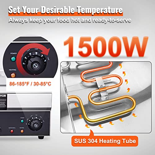 Image of VEVOR 3-Section Electric Food Heating Station, 3 x 12QT, 1500W, Stainless Steel Buffet Server with Glass Lid, Temperature Range 86-185F, Ideal for Catering and Dining Establishments, Silver