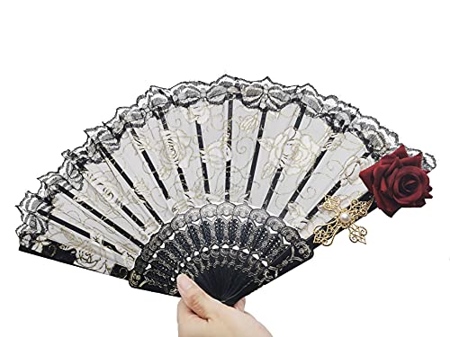 Rich Boxer Lolita Style Lace Handheld Fan Gorgeous European Style Rose Folding Fan for Party Show Cosplay Props Photo Props